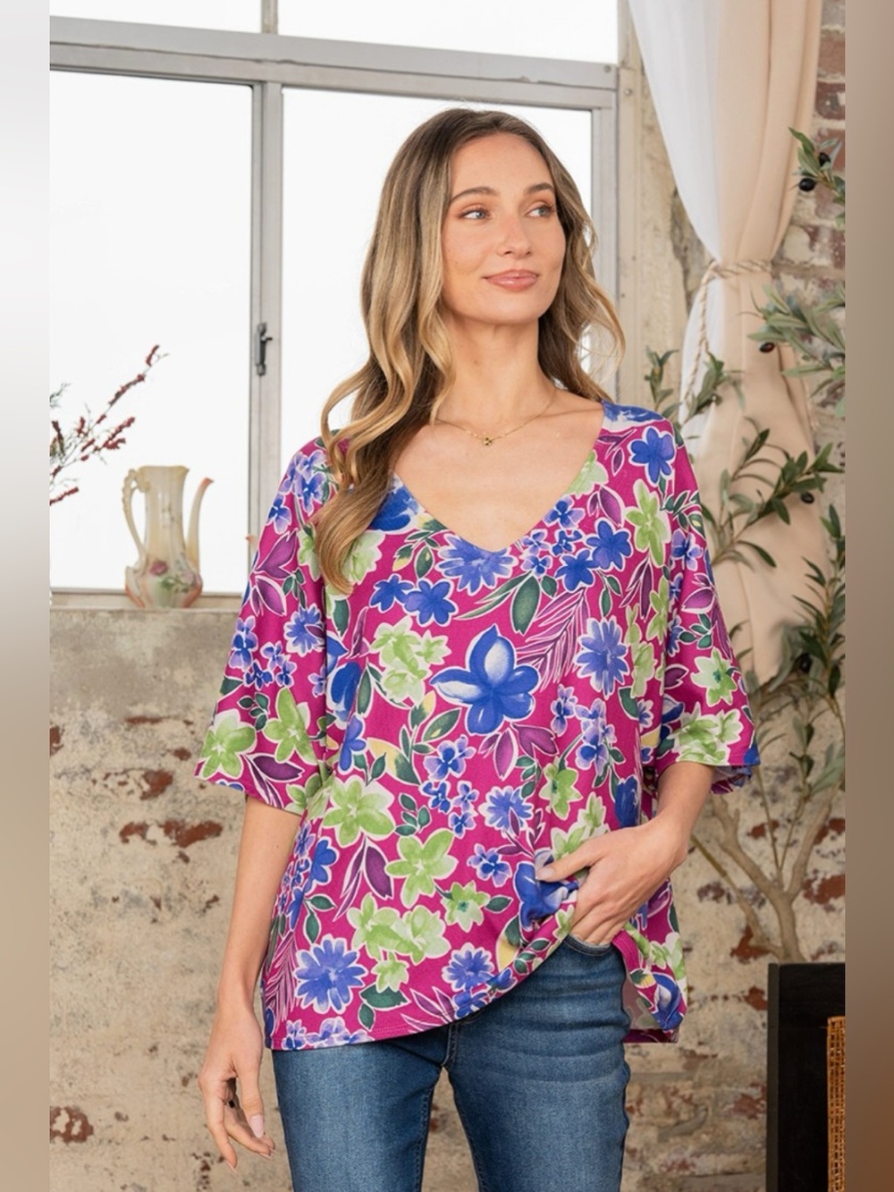 Sew In Love Full Size V-Neck Floral Half Sleeve Top